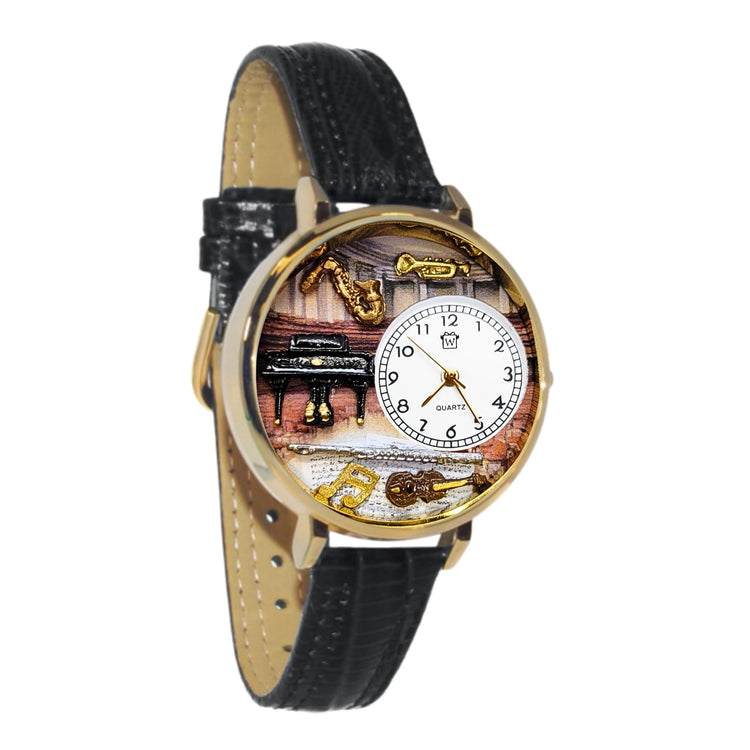 Whimsical Gifts | Music Teacher Musician 3D Watch Large Style | Handmade in USA | Professions Themed | Teacher | Novelty Unique Fun Miniatures Gift | Gold Finish Black Leather Watch Band