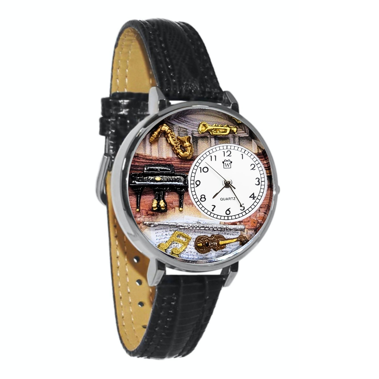 Whimsical Gifts | Music Teacher Musician 3D Watch Large Style | Handmade in USA | Professions Themed | Teacher | Novelty Unique Fun Miniatures Gift | Silver Finish Black Leather Watch Band