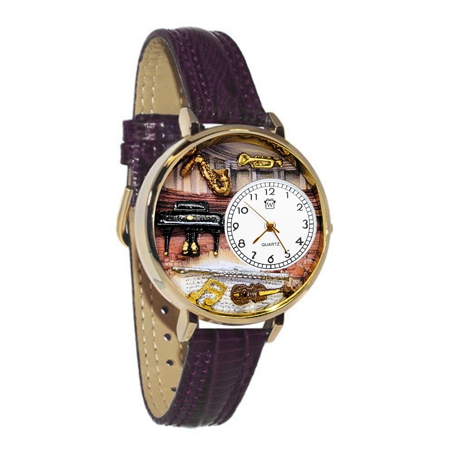 Whimsical Gifts | Music Teacher Musician 3D Watch Large Style | Handmade in USA | Professions Themed | Teacher | Novelty Unique Fun Miniatures Gift | Gold Finish Dark Purple Leather Watch Band