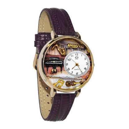 Whimsical Gifts | Music Teacher Musician 3D Watch Large Style | Handmade in USA | Professions Themed | Teacher | Novelty Unique Fun Miniatures Gift | Gold Finish Dark Purple Leather Watch Band