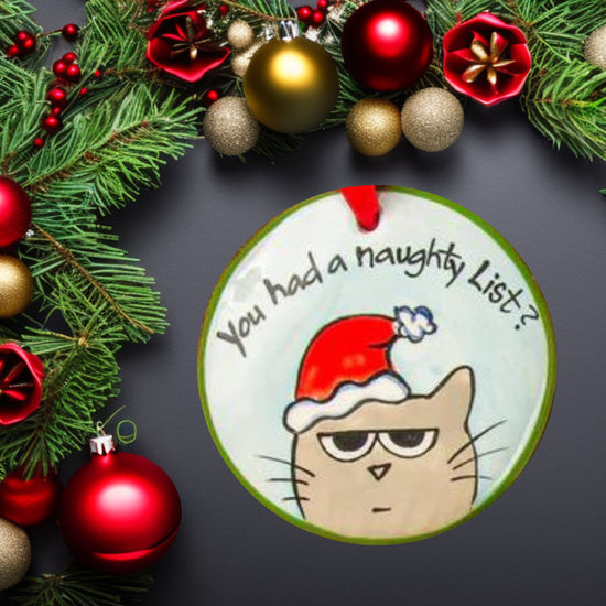Naughty List Cat Ornament: Nola Watkins Collection