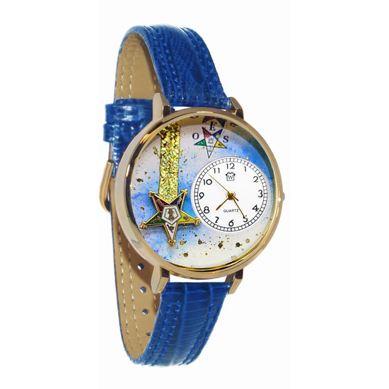 Whimsical Gifts | Order of the Eastern Star 3D Watch Large Style | Handmade in USA | Hobbies & Special Interests | Order of the Eastern Star | Novelty Unique Fun Miniatures Gift | Gold Finish Royal Blue Leather Watch Band