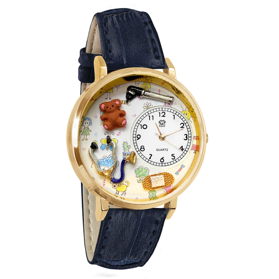 Whimsical Gifts | Pediatrician | Pediatric Nurse 3D Watch Large Style | Handmade in USA | Professions Themed | Medical Professions | Novelty Unique Fun Miniatures Gift | Gold Finish Navy Blue Leather Watch Band
