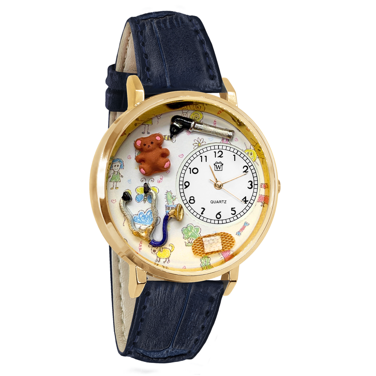 Whimsical Gifts | Pediatrician | Pediatric Nurse 3D Watch Large Style | Handmade in USA | Professions Themed | Medical Professions | Novelty Unique Fun Miniatures Gift | Gold Finish Navy Blue Leather Watch Band