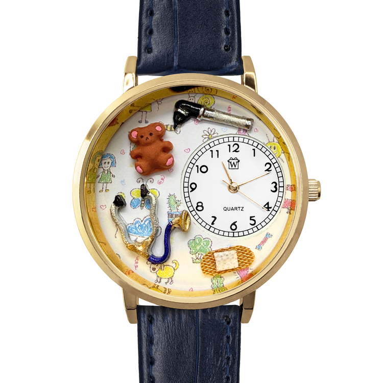 Whimsical Gifts | Pediatrician | Pediatric Nurse 3D Watch Large Style | Handmade in USA | Professions Themed | Medical Professions | Novelty Unique Fun Miniatures Gift | Gold Finish Navy Blue Leather Watch Band