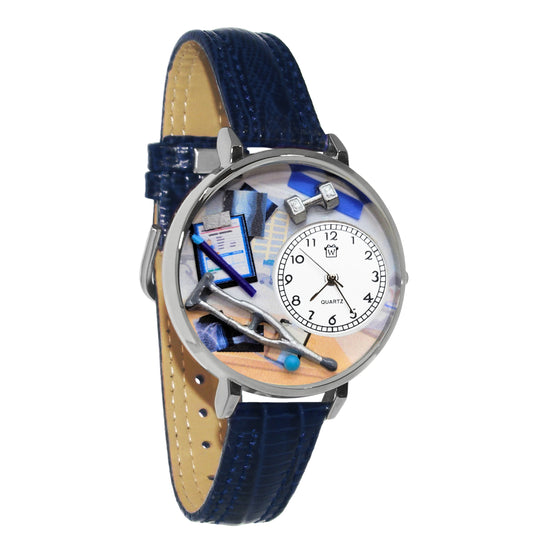 Whimsical Gifts | Physical Therapist 3D Watch Large Style | Handmade in USA | Professions Themed | Medical Professions | Novelty Unique Fun Miniatures Gift | Silver Finish Navy Blue Leather Watch Band