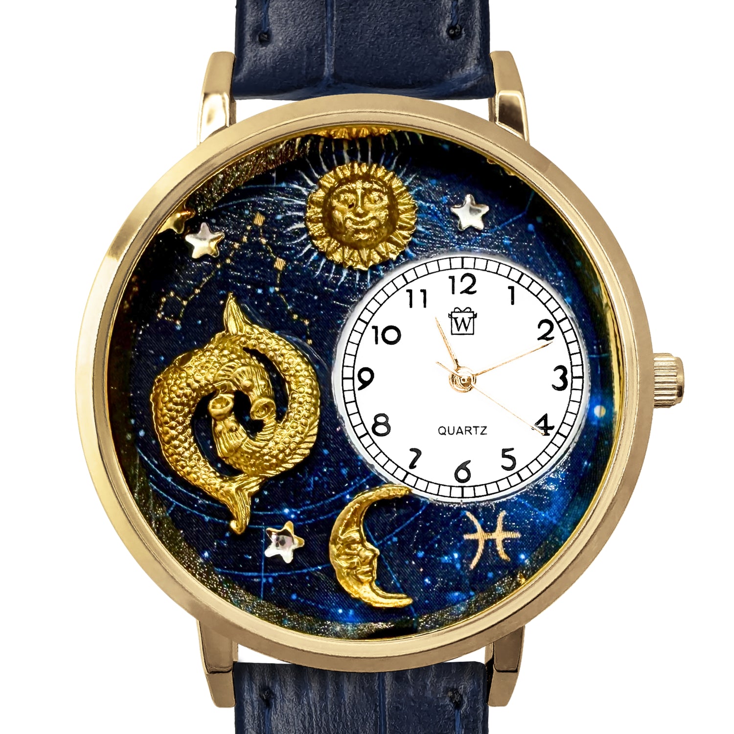 Whimsical Gifts | Pisces Zodiac 3D Watch Large Style | Handmade in USA | Zodiac & Celestial |  | Novelty Unique Fun Miniatures Gift | Gold Finish 