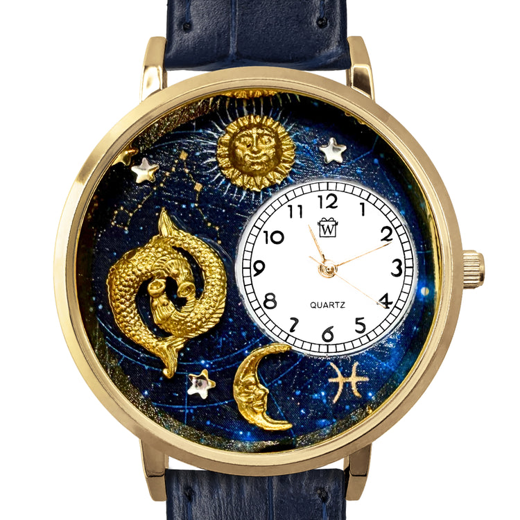 Whimsical Gifts | Pisces Zodiac 3D Watch Large Style | Handmade in USA | Zodiac & Celestial |  | Novelty Unique Fun Miniatures Gift | Gold Finish 