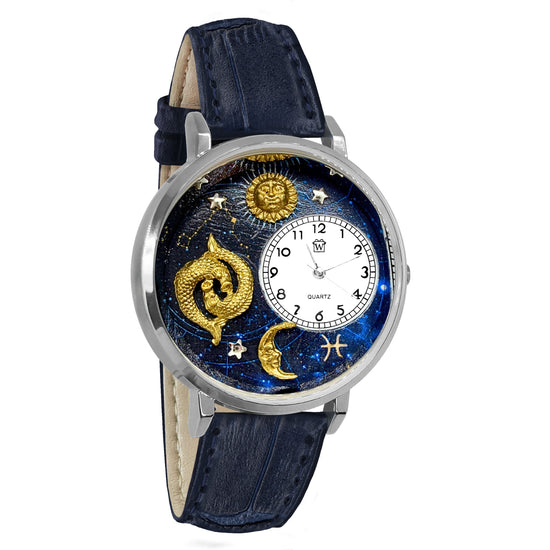 Whimsical Gifts | Pisces Zodiac 3D Watch Large Style | Handmade in USA | Zodiac & Celestial |  | Novelty Unique Fun Miniatures Gift | Silver Finish Navy Blue Leather Watch Band