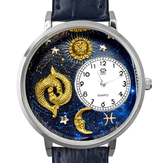 Whimsical Gifts | Pisces Zodiac 3D Watch Large Style | Handmade in USA | Zodiac & Celestial |  | Novelty Unique Fun Miniatures Gift | Silver Finish 