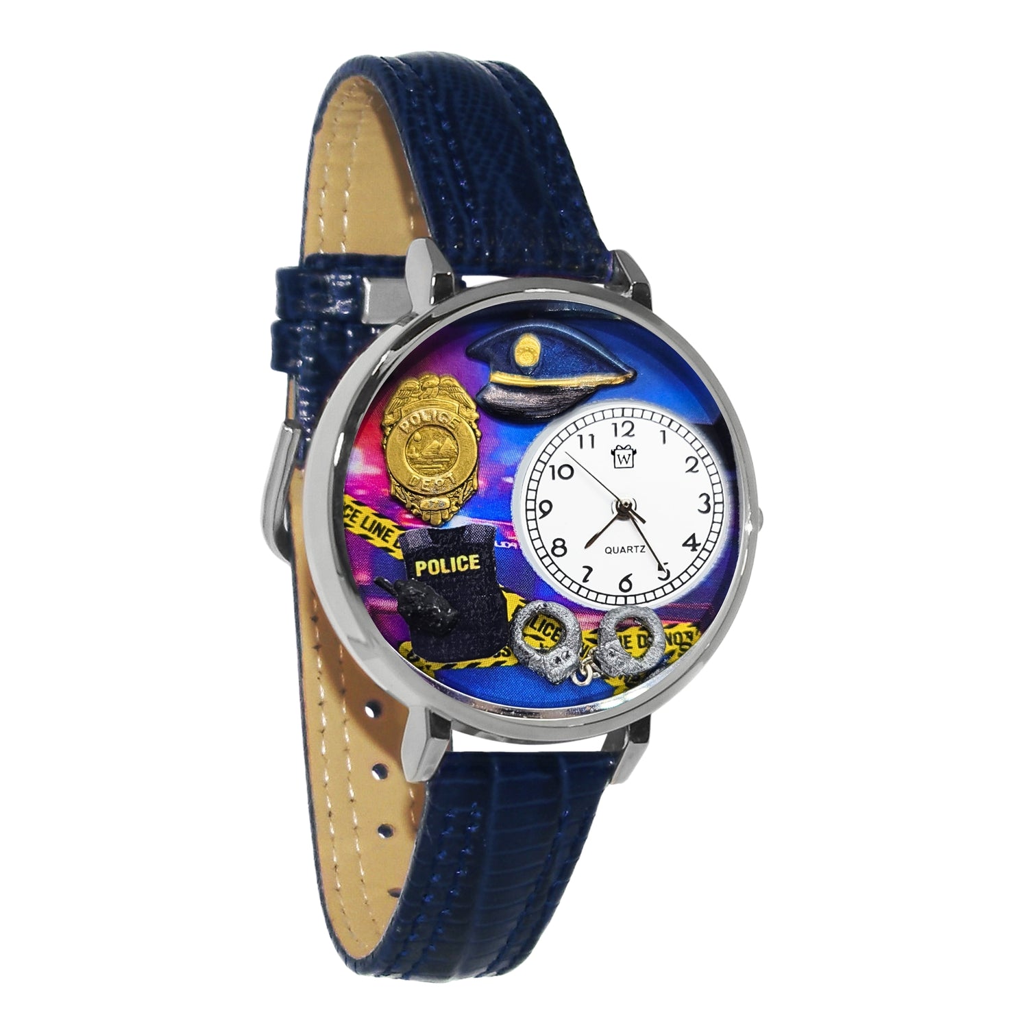 Whimsical Gifts | Policeman 3D Watch Large Style | Handmade in USA | Professions Themed | First Responders | Novelty Unique Fun Miniatures Gift | Silver Finish Navy Blue Leather Watch Band