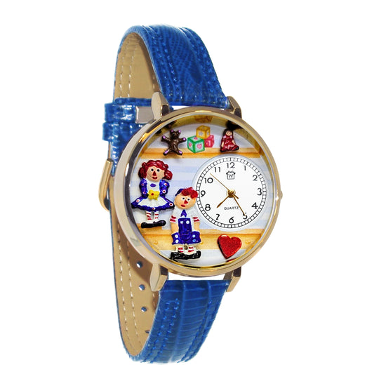 Whimsical Gifts | Raggedy Ann & Andy 3D Watch Large Style | Handmade in USA | Youth Themed |  | Novelty Unique Fun Miniatures Gift | Silver Finish Blue Leather Watch Band