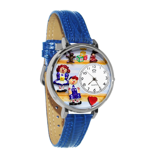 Whimsical Gifts | Raggedy Ann & Andy 3D Watch Large Style | Handmade in USA | Youth Themed |  | Novelty Unique Fun Miniatures Gift | Silver Finish Blue Leather Watch Band