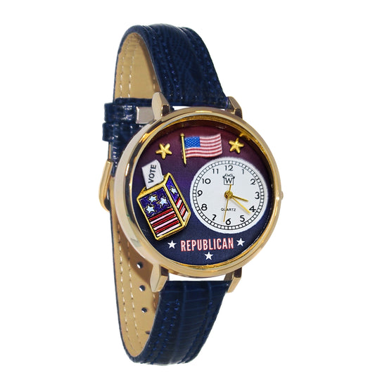 Whimsical Gifts | Republican 3D Watch Large Style | Handmade in USA | Patriotic |  | Novelty Unique Fun Miniatures Gift | Gold Finish Navy Blue Leather Watch Band