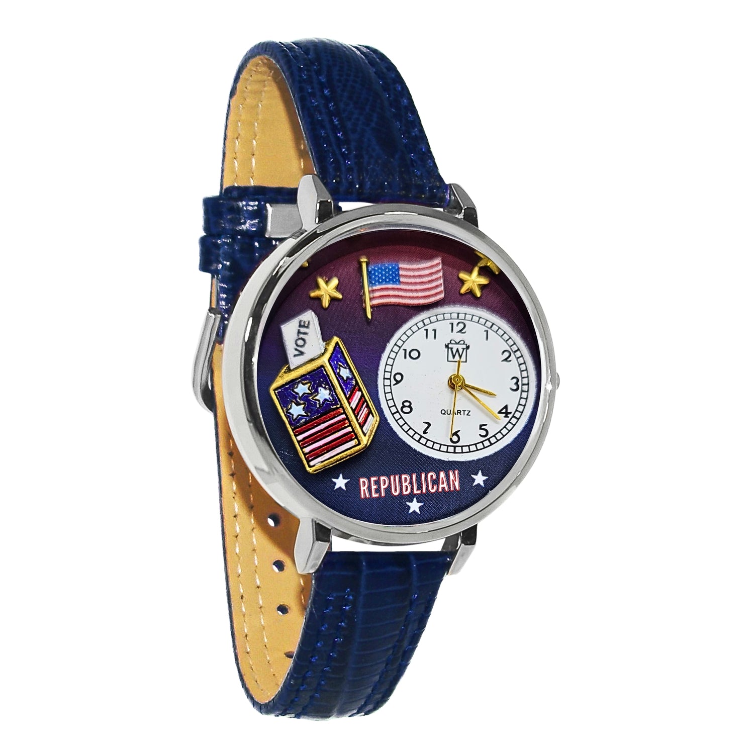 Whimsical Gifts | Republican 3D Watch Large Style | Handmade in USA | Patriotic |  | Novelty Unique Fun Miniatures Gift | Silver Finish Navy Blue Leather Watch Band