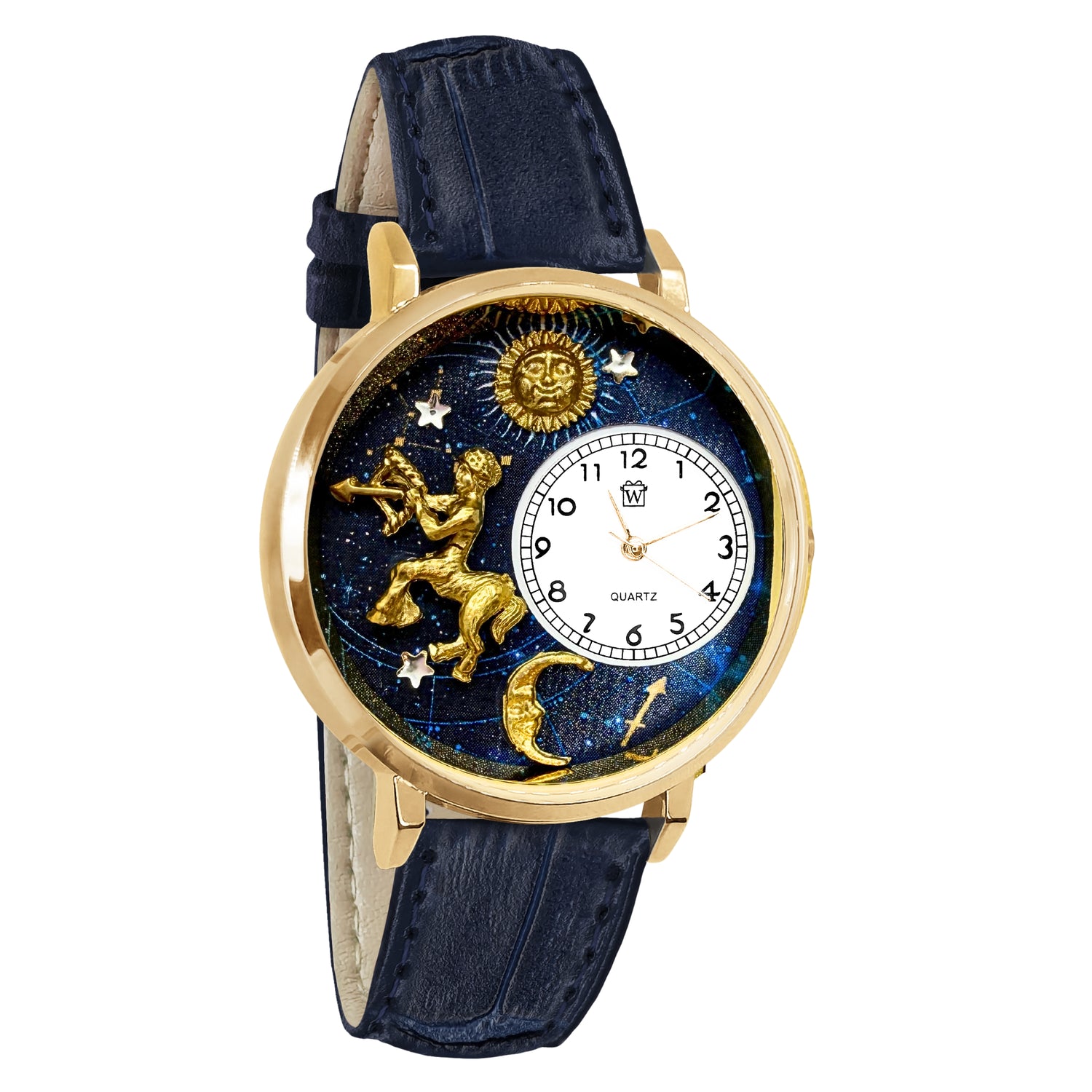 Whimsical Gifts | Sagittarius Zodiac 3D Watch Large Style | Handmade in USA | Zodiac & Celestial |  | Novelty Unique Fun Miniatures Gift | Gold Finish Navy Blue Leather Watch Band