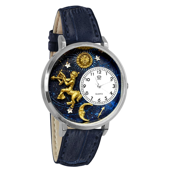 Whimsical Gifts | Sagittarius Zodiac 3D Watch Large Style | Handmade in USA | Zodiac & Celestial |  | Novelty Unique Fun Miniatures Gift | Silver Finish Navy Blue Leather Watch Band