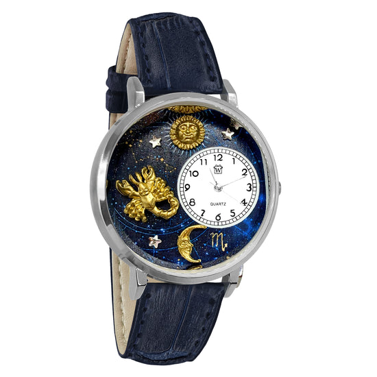 Whimsical Gifts | Scorpio Zodiac 3D Watch Large Style | Handmade in USA | Zodiac & Celestial |  | Novelty Unique Fun Miniatures Gift | Silver Finish Navy Blue Leather Watch Band