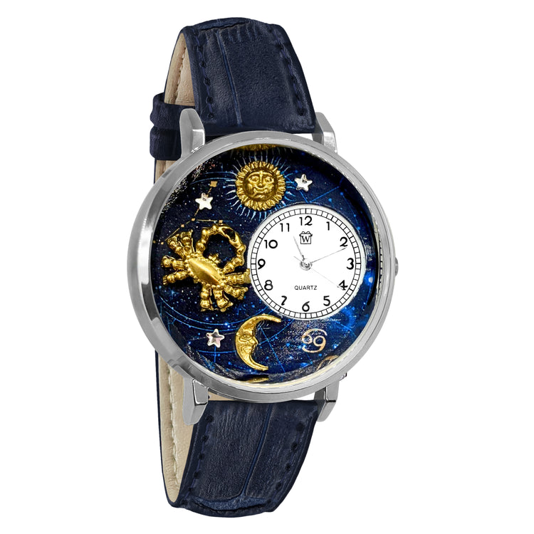 Whimsical Gifts | Cancer Zodiac 3D Watch Large Style | Handmade in USA | Zodiac & Celestial |  | Novelty Unique Fun Miniatures Gift | Silver Finish Navy Blue Leather Watch Band