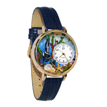 Whimsical Gifts | Scuba 3D Watch Large Style | Handmade in USA | Hobbies & Special Interests | Outdoor Hobbies | Novelty Unique Fun Miniatures Gift | Gold Finish Blue Leather Watch Band