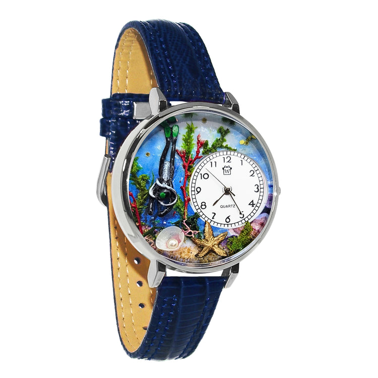 Whimsical Gifts | Scuba 3D Watch Large Style | Handmade in USA | Hobbies & Special Interests | Outdoor Hobbies | Novelty Unique Fun Miniatures Gift | Silver Finish Blue Leather Watch Band