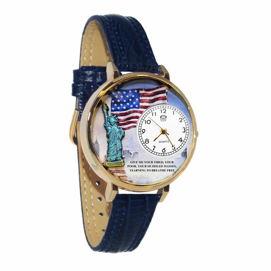 Whimsical Gifts | Statue of Liberty Ellis Island 3D Watch Large Style | Handmade in USA | Patriotic |  | Novelty Unique Fun Miniatures Gift | Gold Finish Navy Blue Leather Watch 