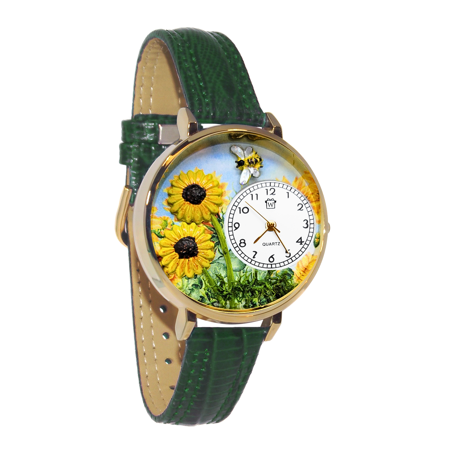 Whimsical Gifts | Sunflower 3D Watch Large Style | Handmade in USA | Holiday & Seasonal Themed | Spring & Summer Fun | Novelty Unique Fun Miniatures Gift | Gold Finish Green Leather Watch Band