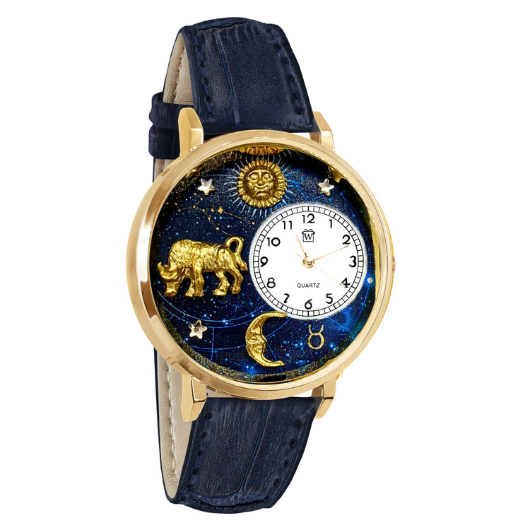 Whimsical Gifts | Taurus Zodiac 3D Watch Large Style | Handmade in USA | Zodiac & Celestial |  | Novelty Unique Fun Miniatures Gift | Gold Finish Navy Blue Leather Watch Band