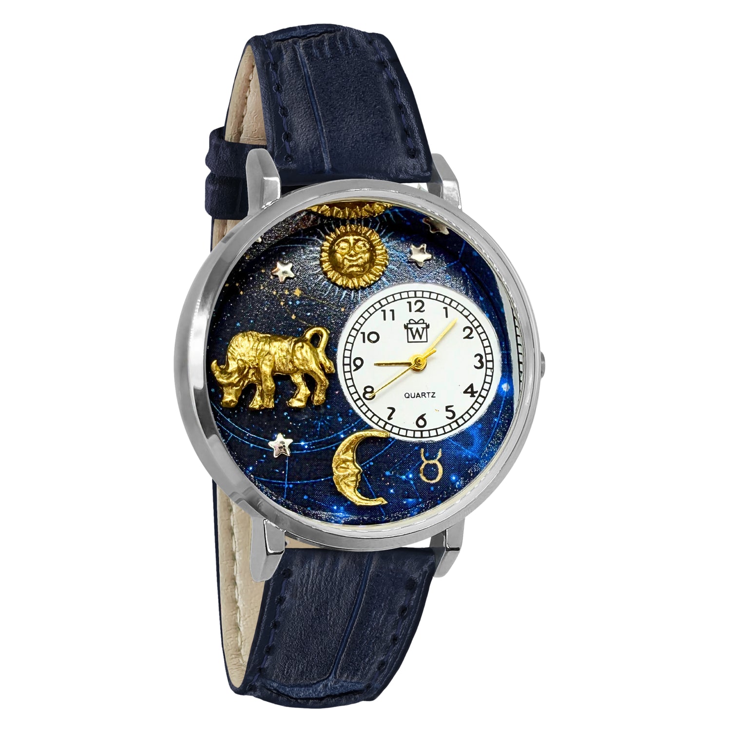 Whimsical Gifts | Taurus Zodiac 3D Watch Large Style | Handmade in USA | Zodiac & Celestial |  | Novelty Unique Fun Miniatures Gift | Silver Finish Navy Blue Leather Watch Band
