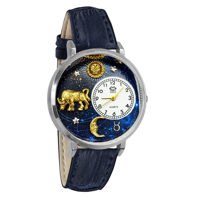 Whimsical Gifts | Taurus Zodiac 3D Watch Large Style | Handmade in USA | Zodiac & Celestial |  | Novelty Unique Fun Miniatures Gift | Silver Finish Navy Blue Leather Watch Band