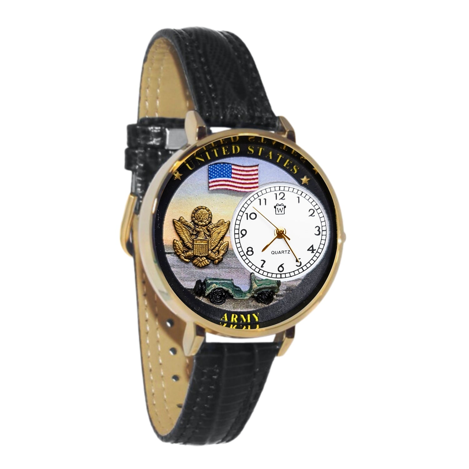 Whimsical Gifts | United States Army 3D Watch Large Style | Handmade in USA | Patriotic |  | Novelty Unique Fun Miniatures Gift | Gold Finish Black Leather Watch Band
