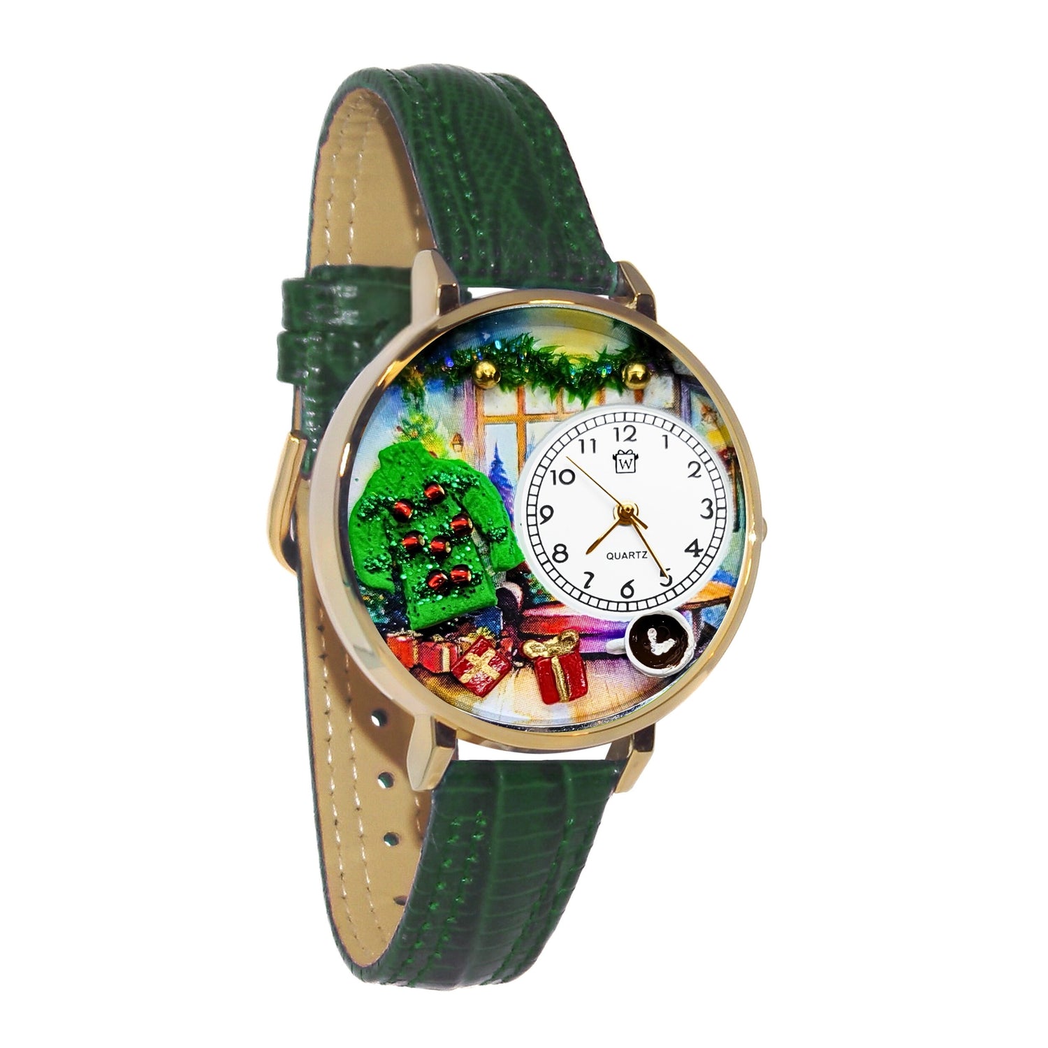 Whimsical Gifts | Ugly Christmas Sweater 3D Watch Large Style | Handmade in USA | Holiday & Seasonal Themed | Christmas | Novelty Unique Fun Miniatures Gift | Gold Finish Green Leather Watch Band
