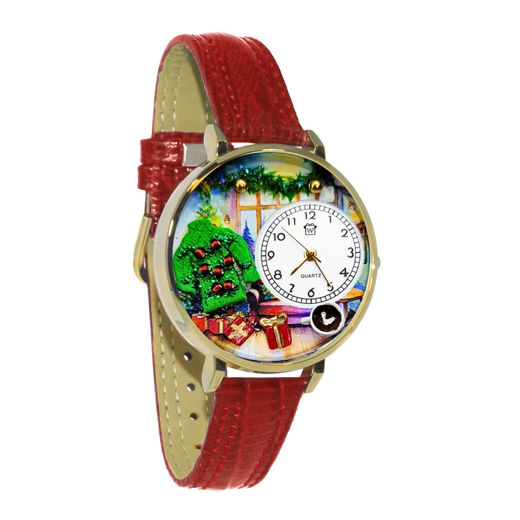 Whimsical Gifts | Ugly Christmas Sweater 3D Watch Large Style | Handmade in USA | Holiday & Seasonal Themed | Christmas | Novelty Unique Fun Miniatures Gift | Gold Finish Red Leather Watch Band