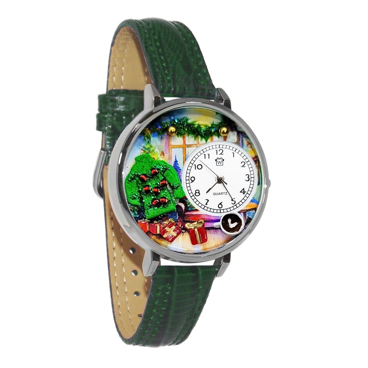 Whimsical Gifts | Ugly Christmas Sweater 3D Watch Large Style | Handmade in USA | Holiday & Seasonal Themed | Christmas | Novelty Unique Fun Miniatures Gift | Silver Finish Green Leather Watch Band
