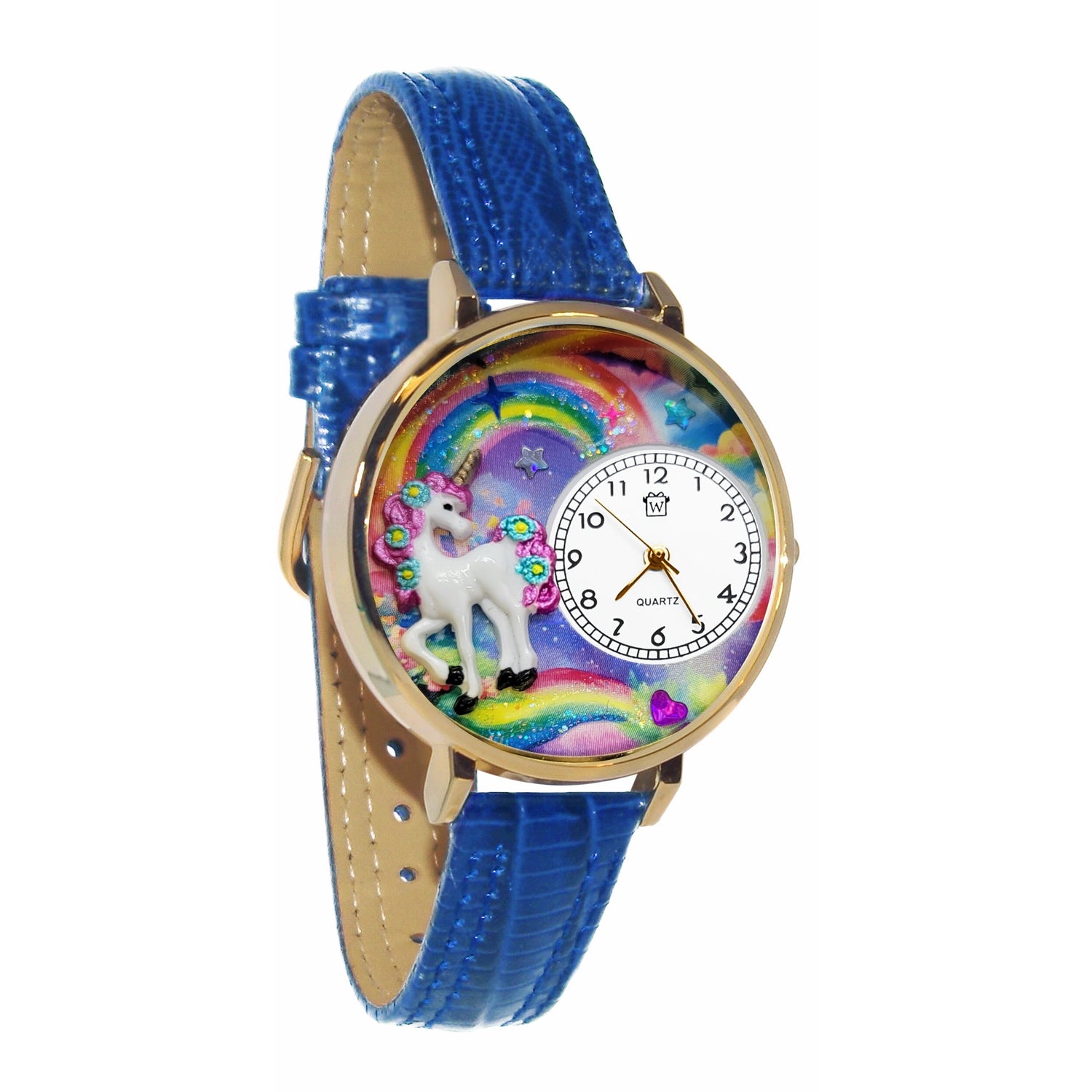 Whimsical Gifts | Unicorn 3D Watch Large Style | Handmade in USA | Fantasy & Mystical |  | Novelty Unique Fun Miniatures Gift | Gold Finish Royal Blue Leather Watch Band