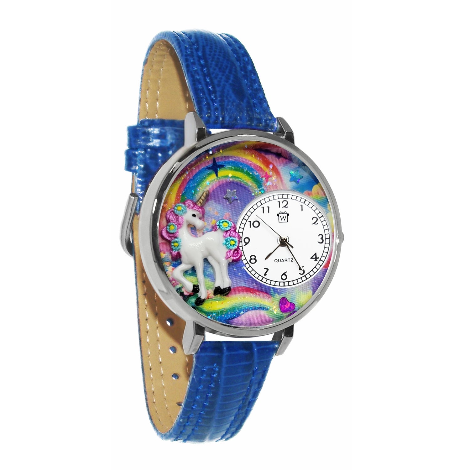Whimsical Gifts | Unicorn 3D Watch Large Style | Handmade in USA | Fantasy & Mystical |  | Novelty Unique Fun Miniatures Gift | Silver Finish Royal Blue Leather Watch Band