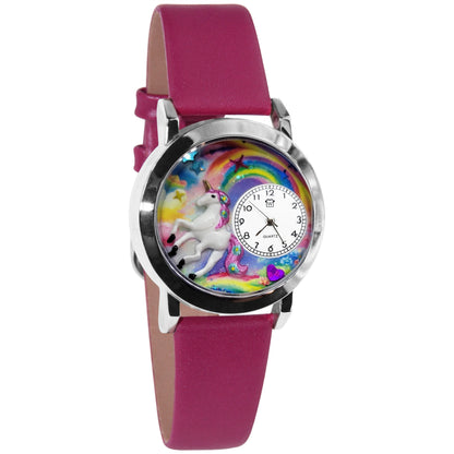 Whimsical Gifts | Unicorn 3D Watch Small Style | Handmade in USA | Fantasy & Mystical |  | Novelty Unique Fun Miniatures Gift | Silver Finish Fuschia Leather Watch Band