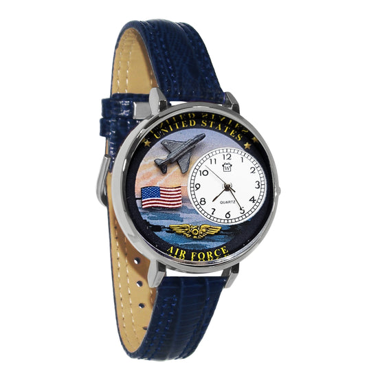 Whimsical Gifts | United States Air Force 3D Watch Large Style | Handmade in USA | Patriotic |  | Novelty Unique Fun Miniatures Gift | Silver Finish Blue Leather Watch Band