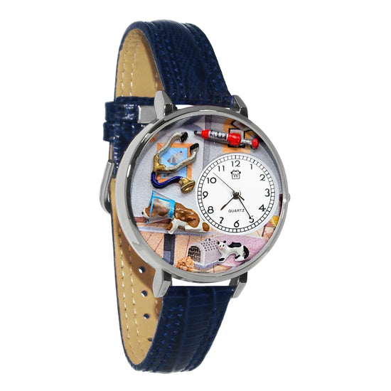 Whimsical Gifts | Veterinarian 3D Watch Large Style | Handmade in USA | Professions Themed | Pet & Animal Professions | Novelty Unique Fun Miniatures Gift | Silver Finish Blue Leather Watch Band