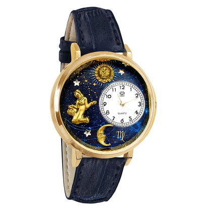 Whimsical Gifts | Virgo Zodiac 3D Watch Large Style | Handmade in USA | Zodiac & Celestial |  | Novelty Unique Fun Miniatures Gift | Gold Finish Navy Blue Leather Watch Band