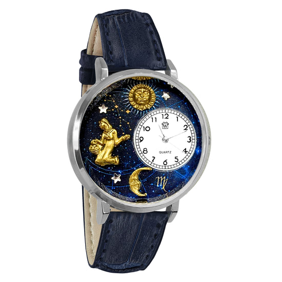 Whimsical Gifts | Virgo Zodiac 3D Watch Large Style | Handmade in USA | Zodiac & Celestial |  | Novelty Unique Fun Miniatures Gift | Silver Finish Navy Blue Leather Watch Band