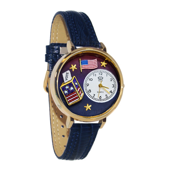 Whimsical Gifts | Vote 3D Watch Large Style | Handmade in USA | Patriotic |  | Novelty Unique Fun Miniatures Gift | Gold Finish Navy Blue Leather Watch Band