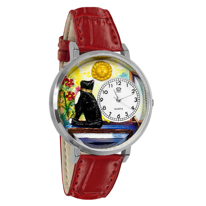 Whimsical Gifts | Basking Cat 3D Watch Large Style | Handmade in USA | Animal Lover | Cat Lover | Novelty Unique Fun Miniatures Gift | Silver Finish Red Leather Watch Band