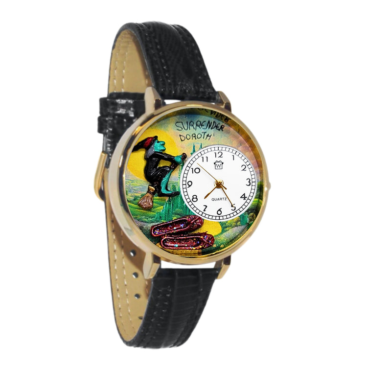 Whimsical Gifts | Wickedly Wicked Witch 3D Watch Large Style | Handmade in USA | Holiday & Seasonal Themed | Halloween | Novelty Unique Fun Miniatures Gift | Gold Finish Black Leather Watch Band