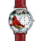 Whimsical Gifts | Cardinal 3D Watch Large Style | Handmade in USA | Animal Lover | Outdoor & Garden | Novelty Unique Fun Miniatures Gift | Silver Finish Red Leather Watch Band