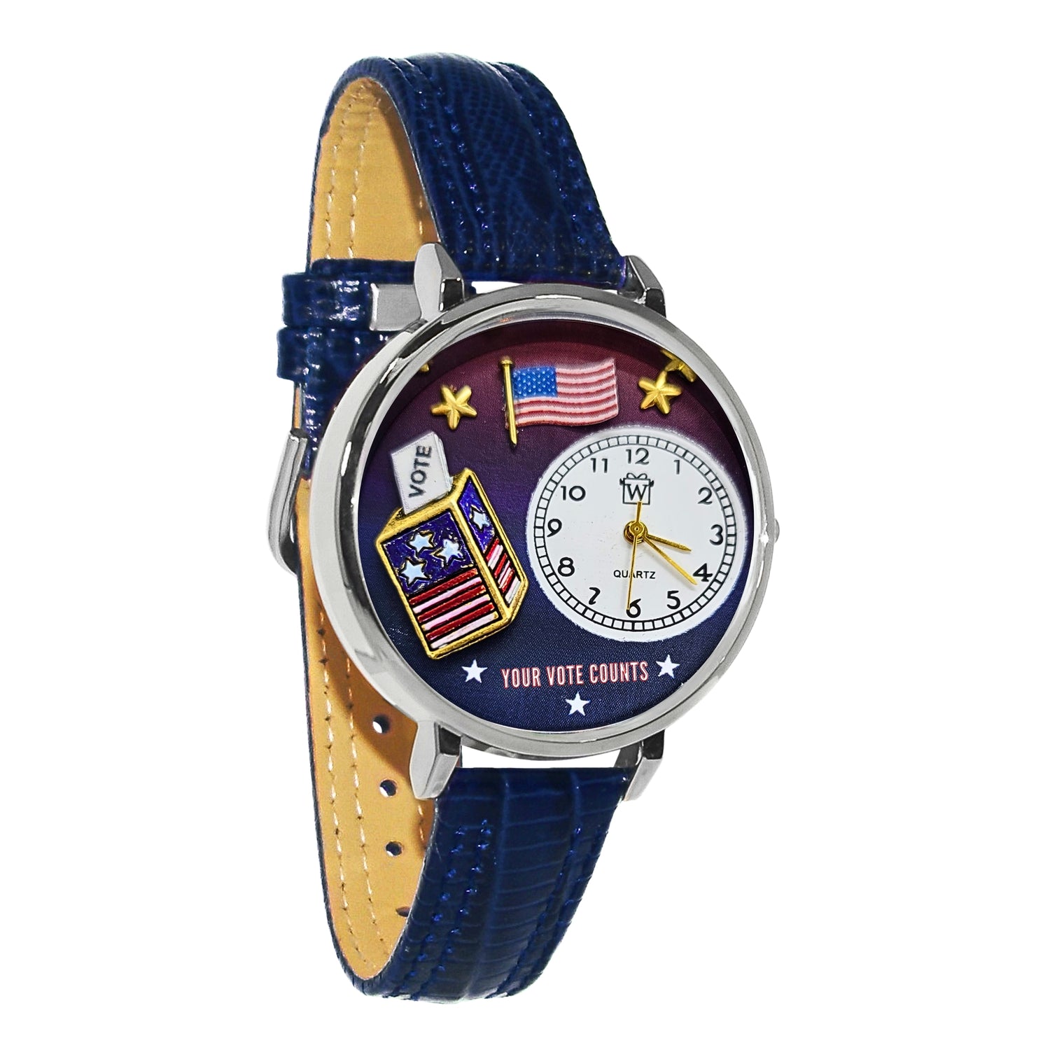 Whimsical Gifts | Your Vote Counts 3D Watch Large Style | Handmade in USA | Patriotic |  | Novelty Unique Fun Miniatures Gift | Silver Finish Navy Blue Leather Watch Band