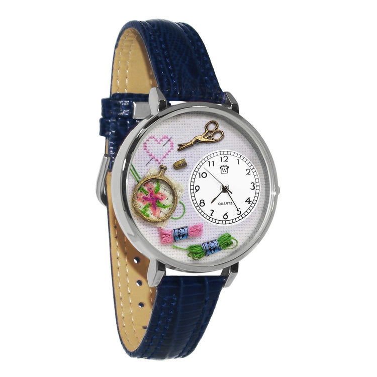 Whimsical Gifts | Cross Stitch 3D Watch Large Style | Handmade in USA | Hobbies & Special Interests | Sewing & Crafting | Novelty Unique Fun Miniatures Gift | Silver Finish Navy Blue Leather Watch Band