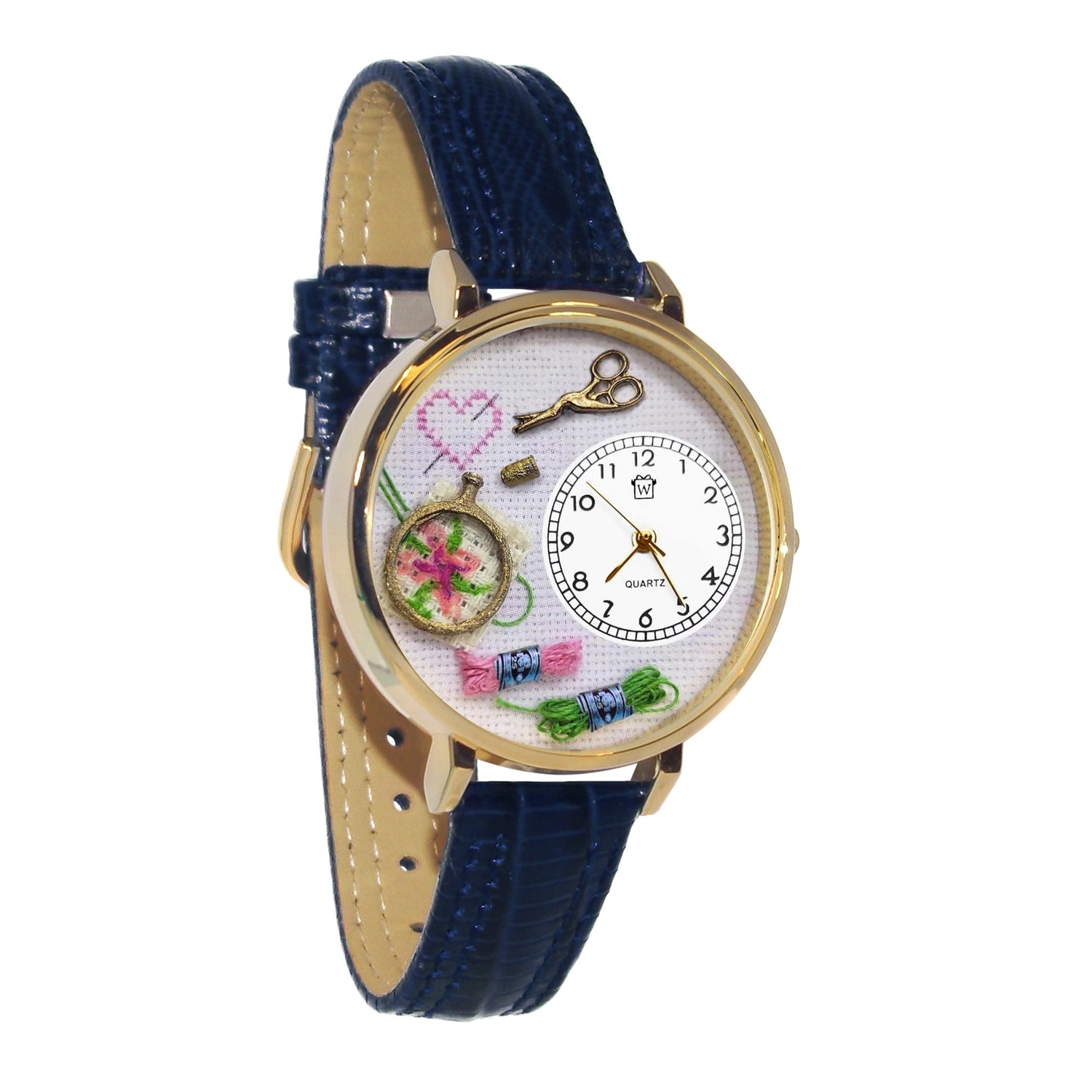 Whimsical Gifts | Cross Stitch 3D Watch Large Style | Handmade in USA | Hobbies & Special Interests | Sewing & Crafting | Novelty Unique Fun Miniatures Gift | Gold Finish Navy Blue Leather Watch Band