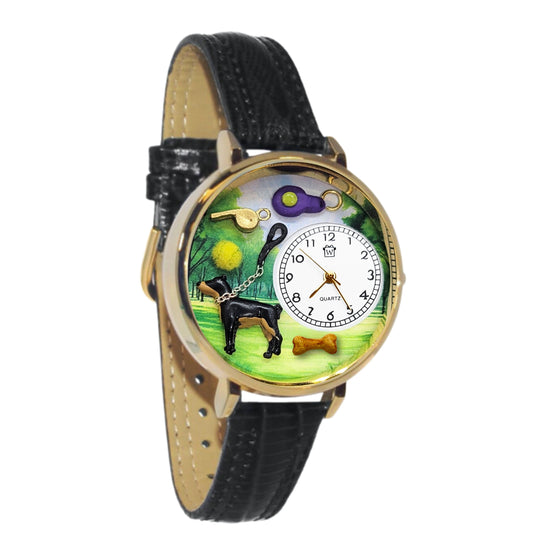 Whimsical Gifts | Dog Trainer 3D Watch Large Style | Handmade in USA | Professions Themed | Pet & Animal Professions | Novelty Unique Fun Miniatures Gift | Gold Finish Black Leather Watch Band