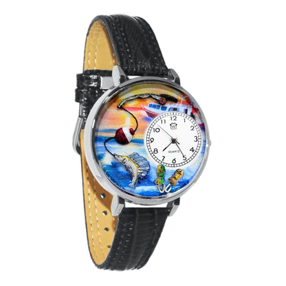 Whimsical Gifts | Fishing 3D Watch Large Style | Handmade in USA | Hobbies & Special Interests | Outdoor Hobbies | Novelty Unique Fun Miniatures Gift | Silver Finish Black Leather Watch Band